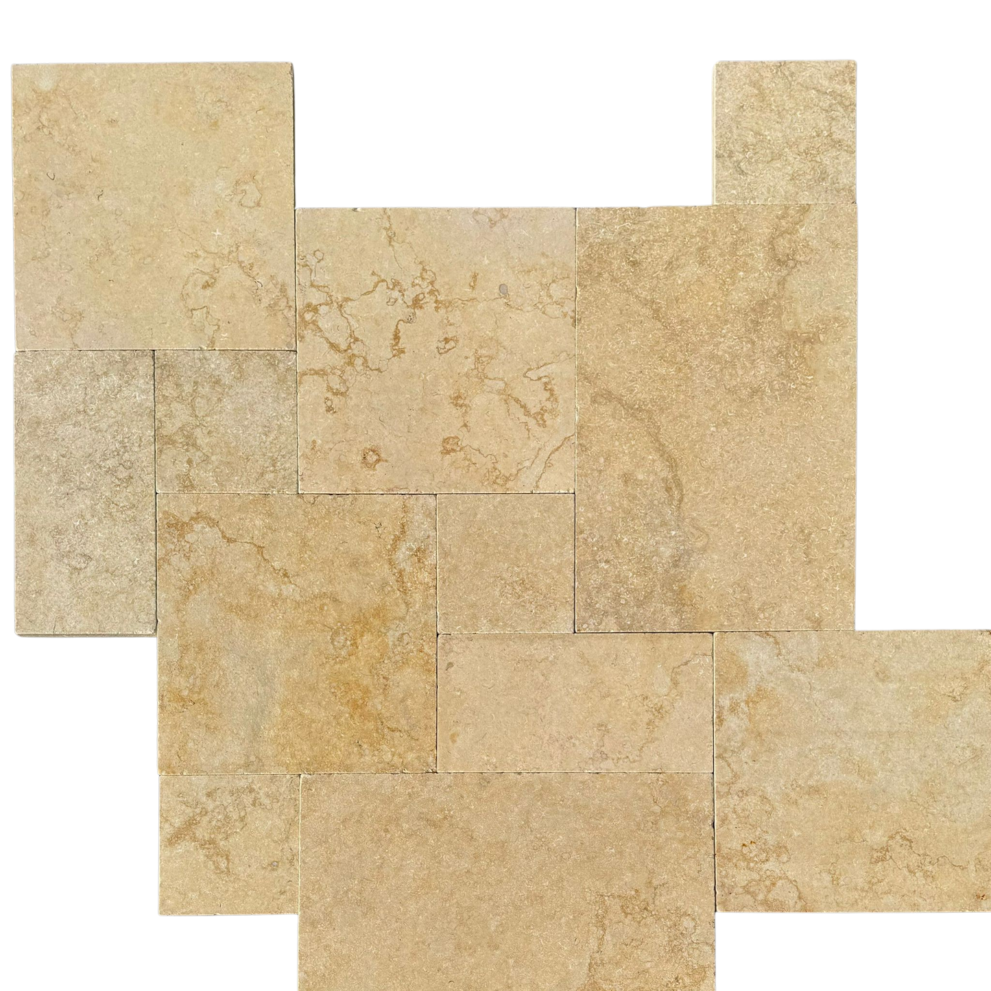 Kalkstein Terrassenplatte Catrina im römischen Verband, gelb-beige – Natursteinfliese mit geschliffener, angerauter und getrommelter Oberfläche für Außenbereiche