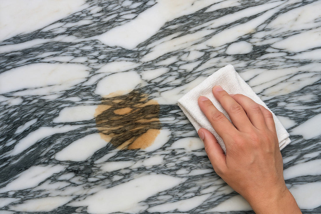 Hand wischt mit Tuch Fleck von Natursteinfläche weg. Wir helfen Ihnen, wir sind Naturstein Tilmes.