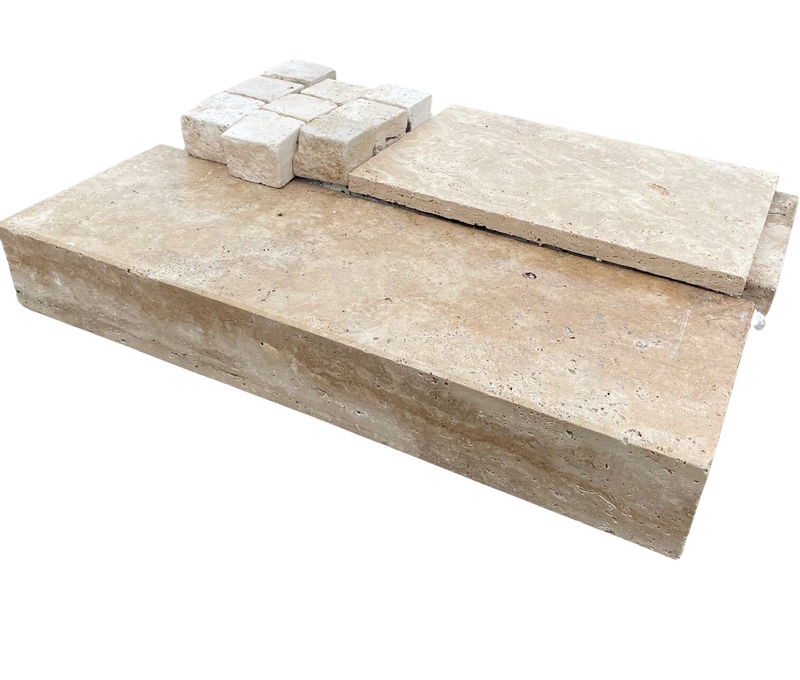 Travertin Blockstufe Crema 15x35x100 cm creme-beige – Geschliffen, gefast und getrommelt, ideal für stilvolle Treppen im Außenbereich